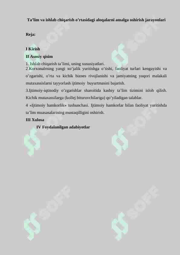 Ta’lim va ishlab chiqarish o’rtasidagi aloqalarni amalga oshirish jarayonlari