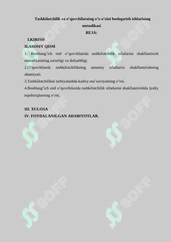 Tashkilotchilik va o’quvchilarning o’z-o’zini boshqarish ishlarining metodikasi