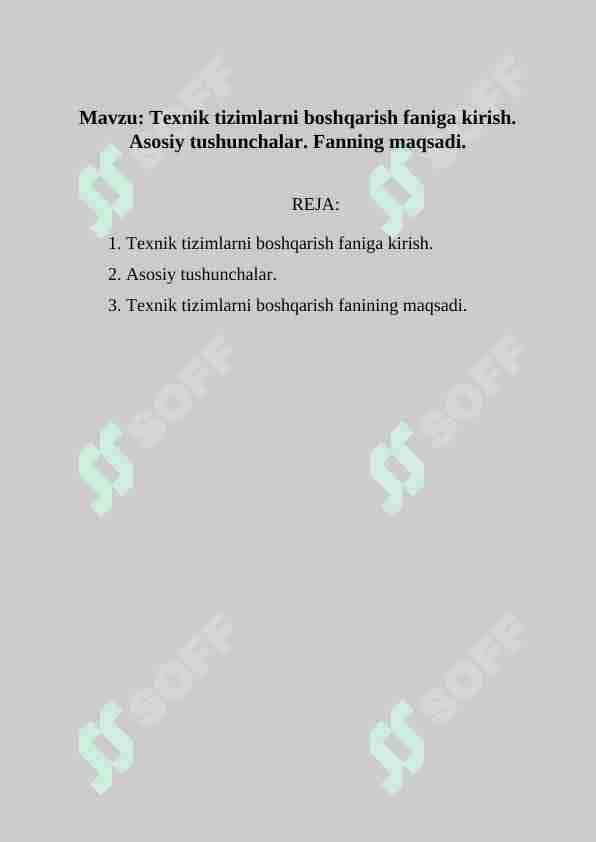 Texnik tizimlarni boshqarish faniga kirish. Asosiy tushunchalar. Fanning maqsadi