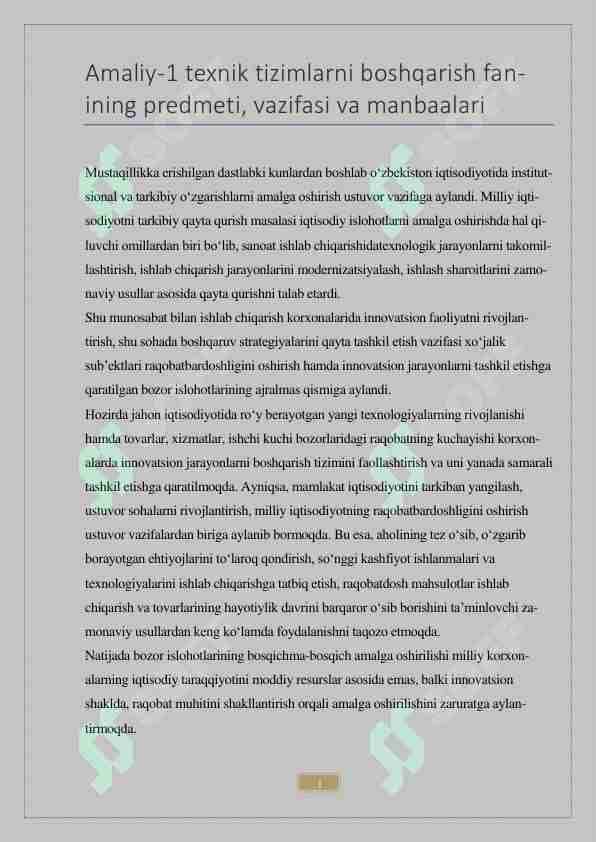 Texnik tizimlarni boshqarish fanining predmeti, vazifasi va manbaalari