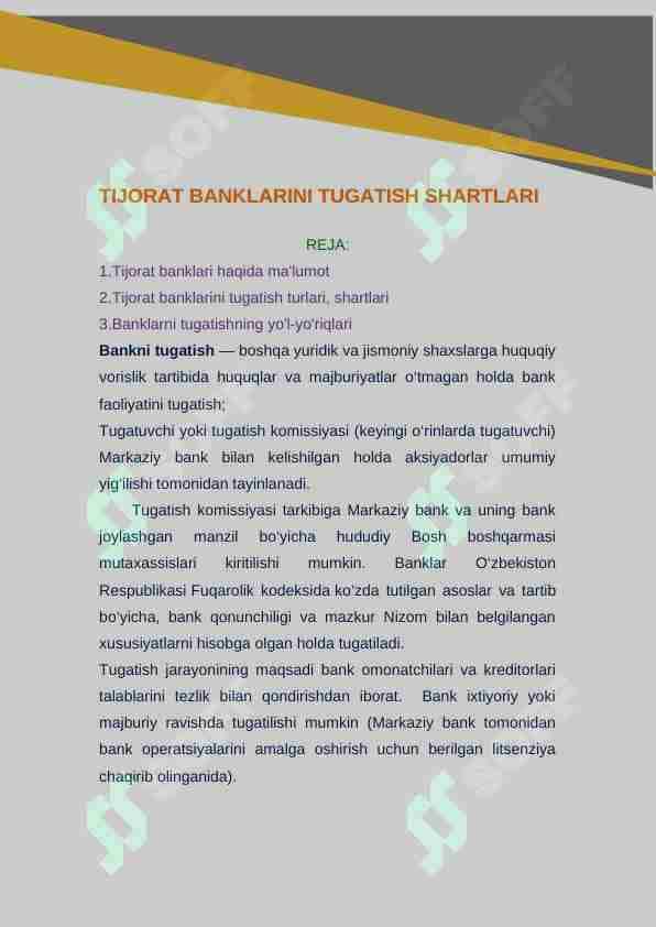Tijorat banklarini tugatish shartlari