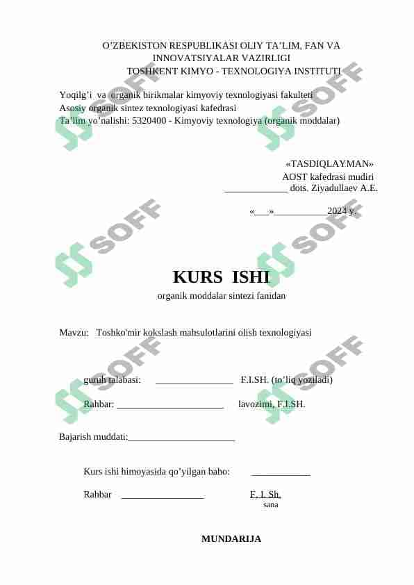 Toshko'mir kokslash mahsulotlarini olish texnologiyasi
