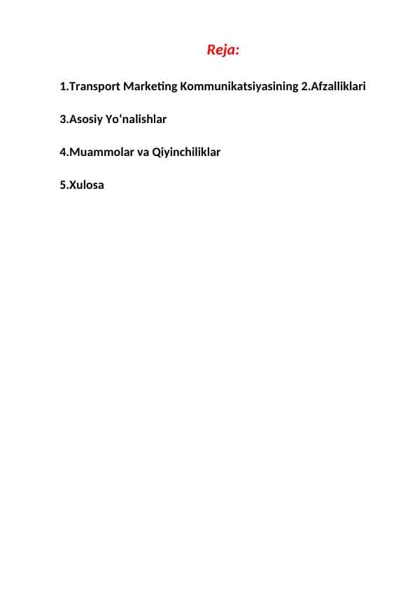 Transportda Marketing Kommunikatsiyasi haqida referat