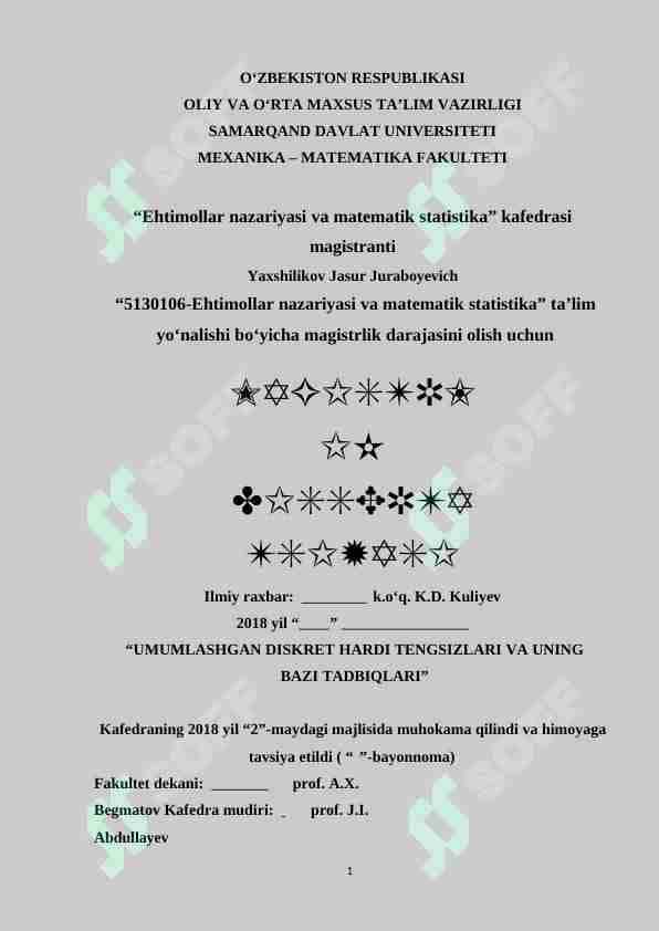 UMUMLASHGAN DISKRET HARDI TENGSIZLARI VA UNING BAZI TADBIQLARI