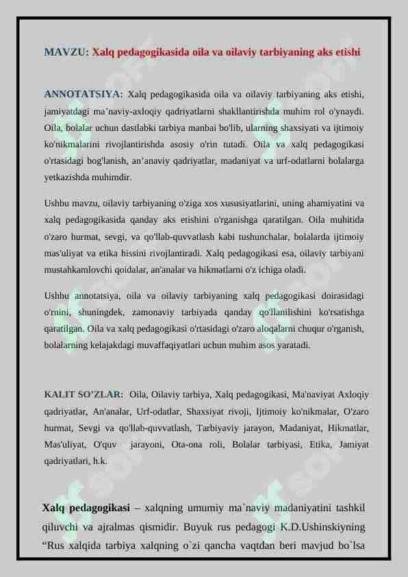 Xalq pedagogikasida oila va oilaviy tarbiyaning aks etishi (TEZIS)