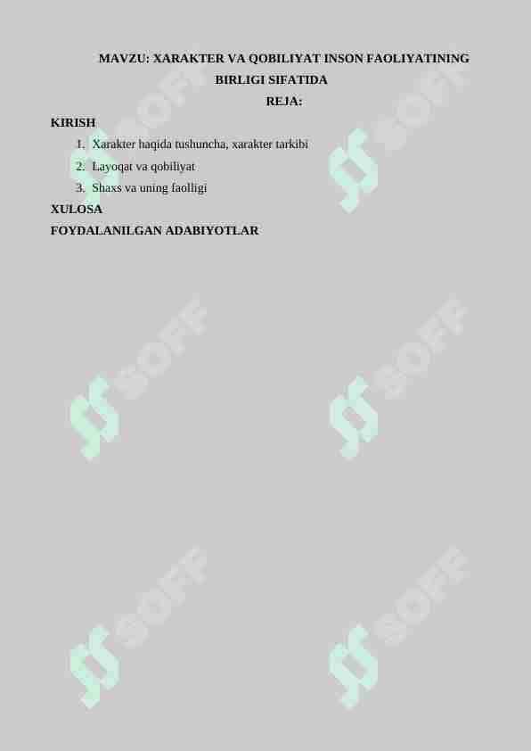 Xarakter qobiliyat va harakat inson faoliyatining birligi sifatida