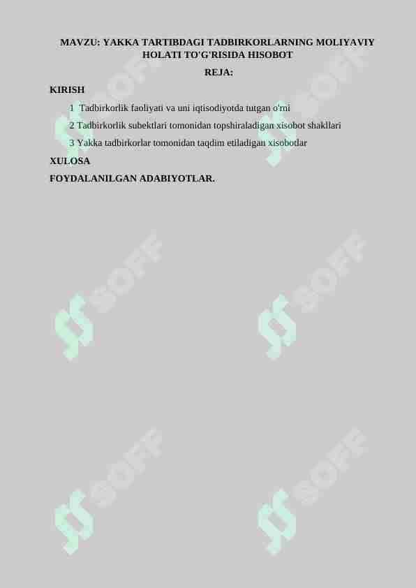 YAKKA TARTIBDAGI TADBIRKORLARNING MOLIYAVIY HOLATI TO'G'RISIDA HISOBOT