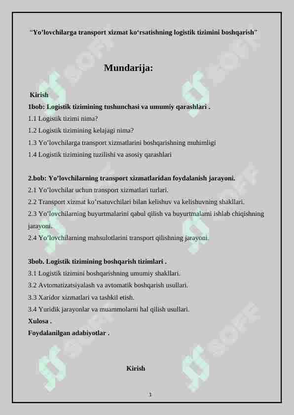 “Yo’lovchilarga transport xizmat koʻrsatishning logistik tizimini boshqarish”