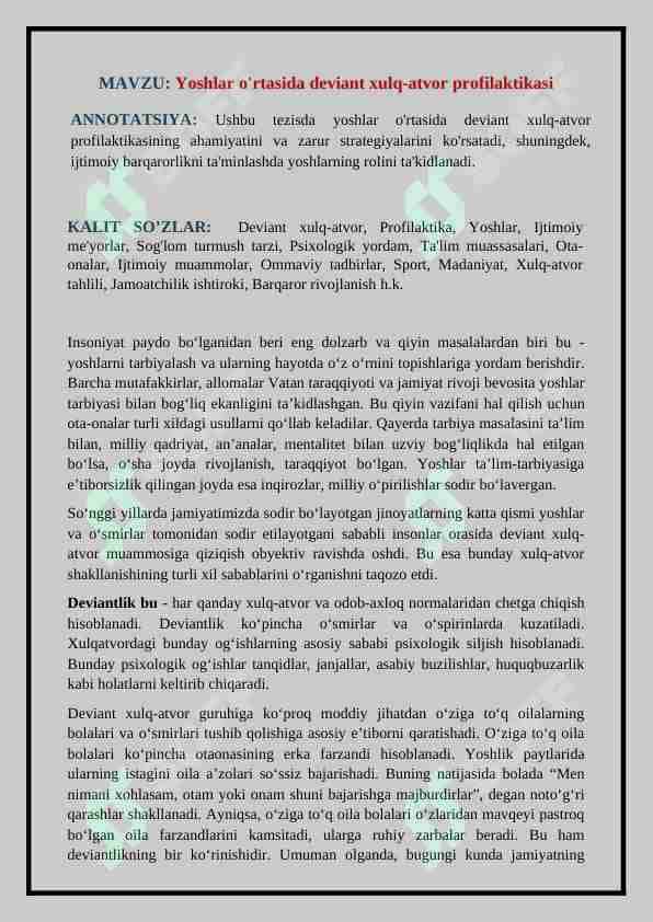 Yoshlar o'rtasida deviant xulq-atvor profilaktikasi (TEZIS)
