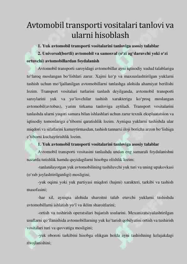 Avtomobil transporti vositalari tanlovi va ularni hisoblash
