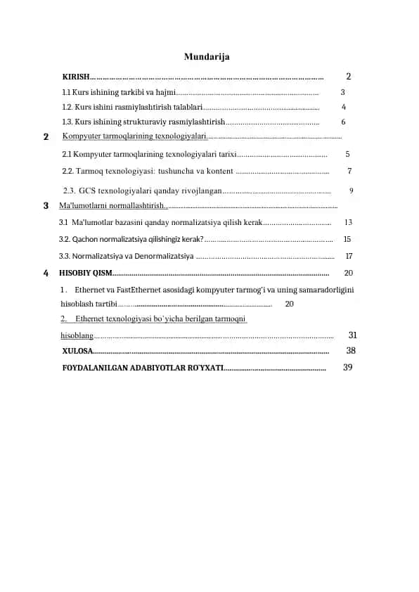 Kurs ishi "Kompyuter tarmoqlarining texnologiyalari" haqida