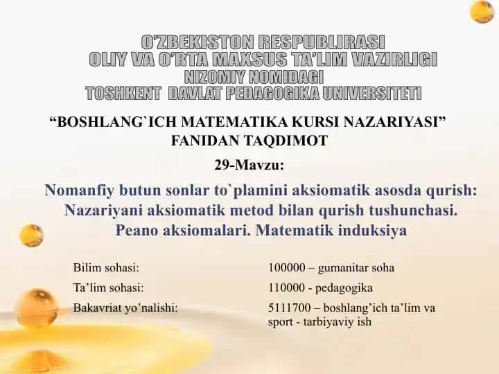 BOSHLANG`ICH MATEMATIKA KURSI NAZARIYASI
