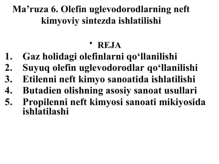 Olefin uglevodorodlarning neft kimyoviy sintezda ishlatilishi