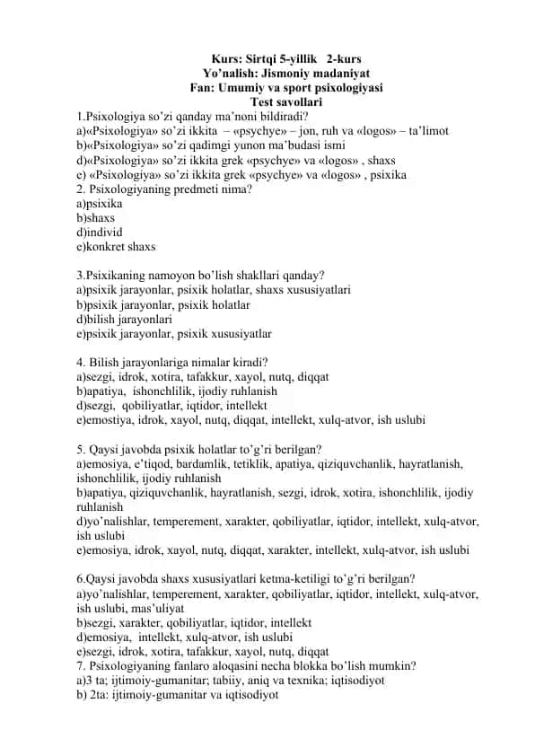 Umumiy va sport psixologiyasi test savollari