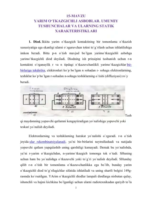 Yarim o‘tkazgichli asboblar. Umumiy tushunchalar va ularning statik xarakteristiklari