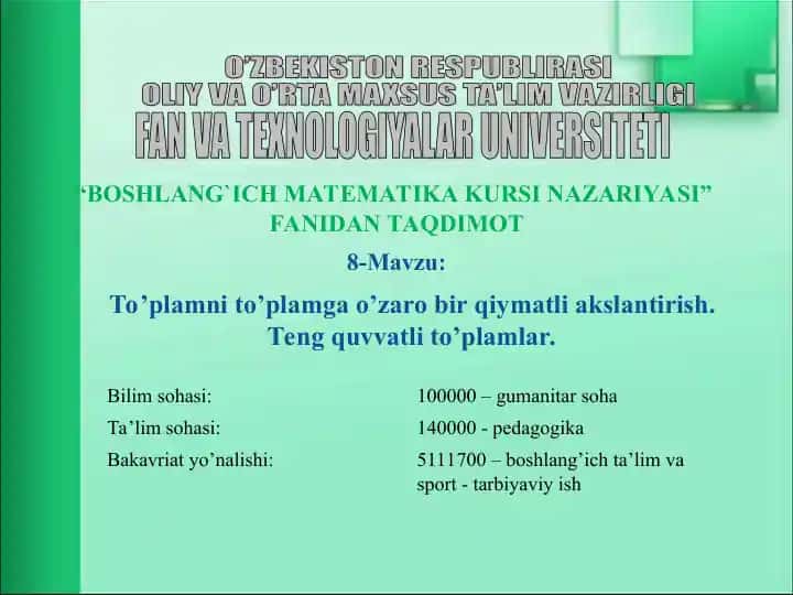 BOSHLANG`ICH MATEMATIKA KURSI NAZARIYASI