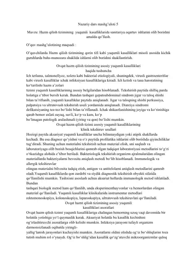 Hazm qilish tizimining yuqumli kasalliklarida sanitariya oqartuv ishlarini olib borishni amalda qo’llash