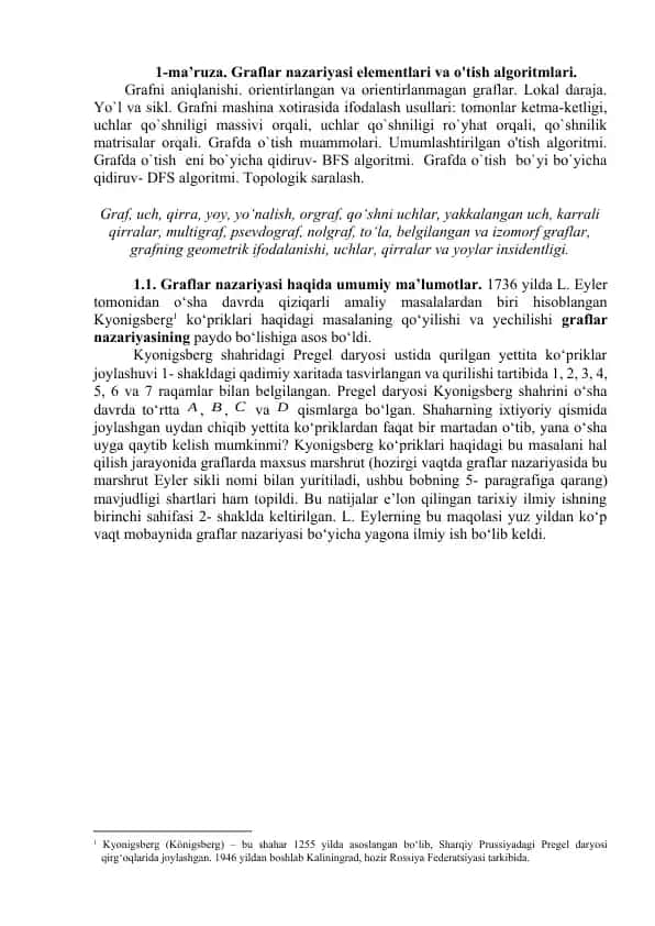 Graflar nazariyasi elementlari va o'tish algoritmlari