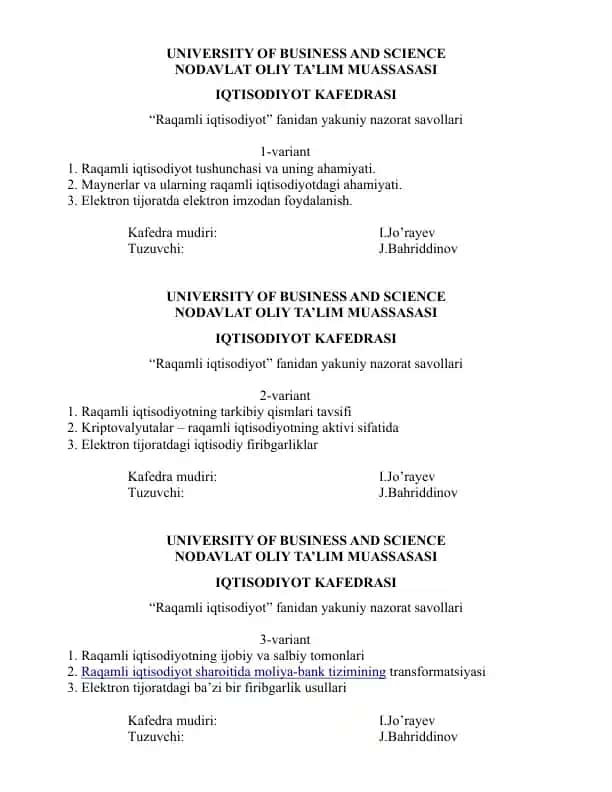 Raqamli iqtisodiyot nazorat savollari