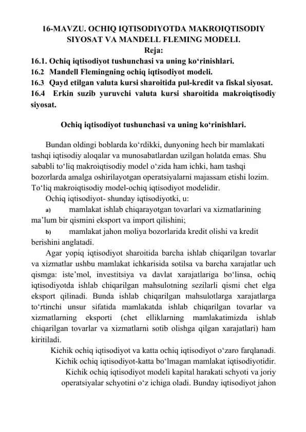Ochiq iqtisodiyotda Makro iqtisodiy siyosat va Mandell Fleming modeli