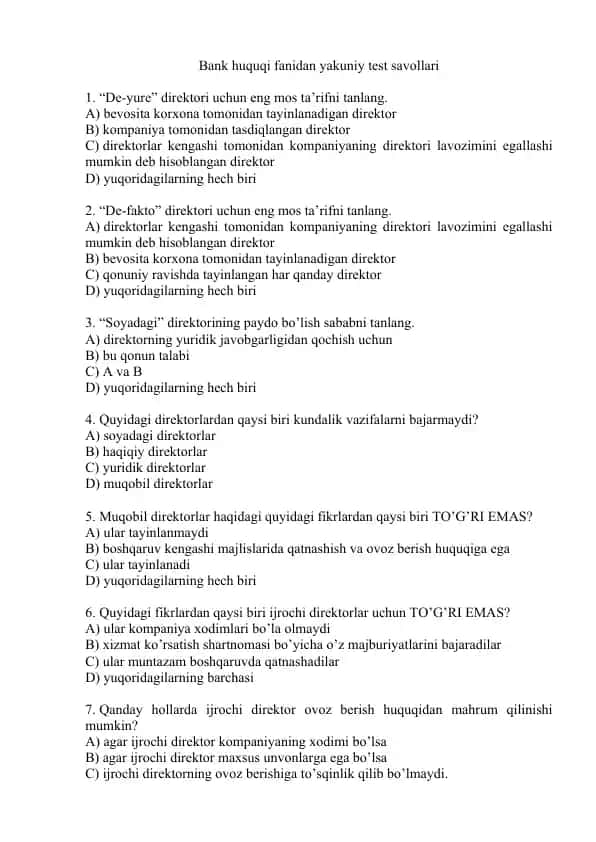 Bank huquqi fanidan yakuniy test savollari