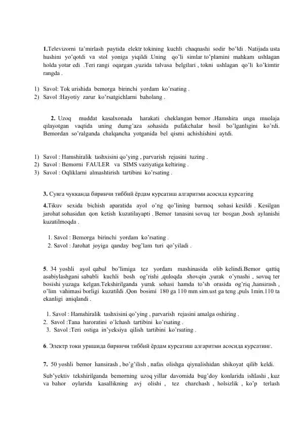 Hamshiralik va birinchi tibbiy yordam bo‘yicha ko‘p holatli savol-javoblar to‘plami