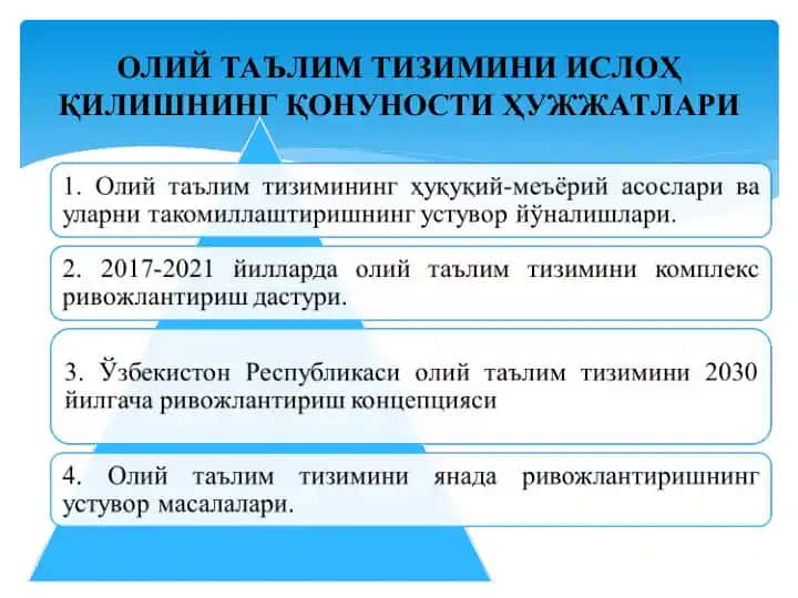 Oliy ta'lim tizimini islo'h qilishning qonunostl hujujatlari