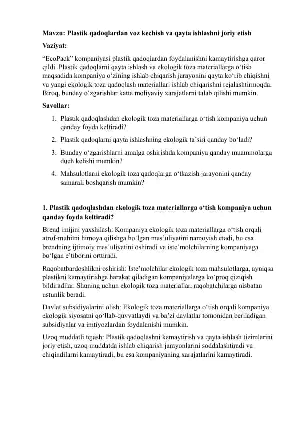Ekologik toza materiallarga o‘tkazish strategiyasi