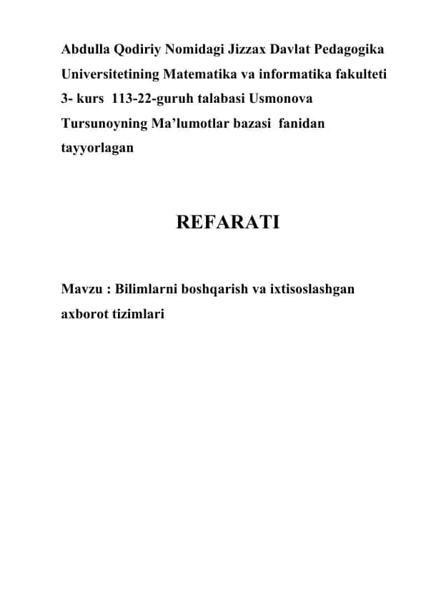 Ma’lumotlar bazasi fanidan tayyorlangan REFERAT