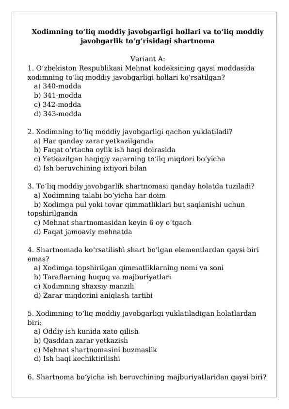 To'liq moddiy javobgarligi shartnomasi