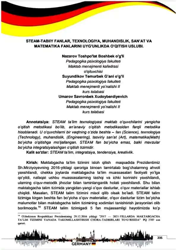 STEAM-TABIIY FANLAR, TEXNOLOGIYA, MUHANDISLIK, SAN’AT VA MATEMATIKA FANLARINI UYG'UNLIKDA O’QITISH USLUBI
