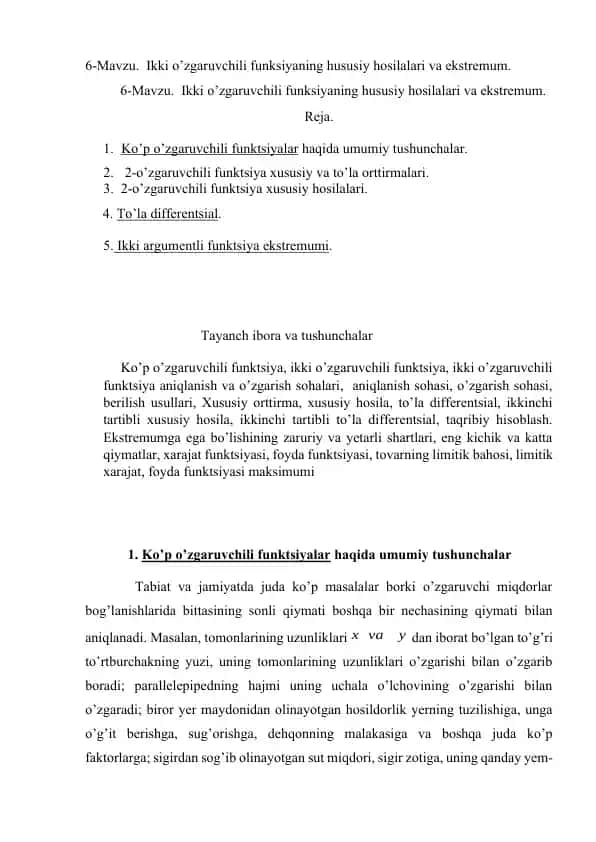 Ikki o’zgaruvchili funksiyaning hususiy hosilalari va ekstremum.