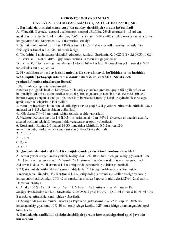 GERONTOLOGIYA FANIDAN DAVLAT ATTESTASIYASI AMALIY QISMI UCHUN SAVOLLARI