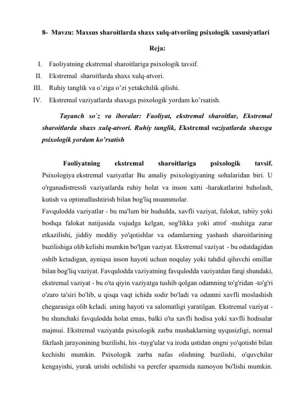 Maxsus sharoitlarda shaxs xulq-atvoriing psixologik xususiyatlari