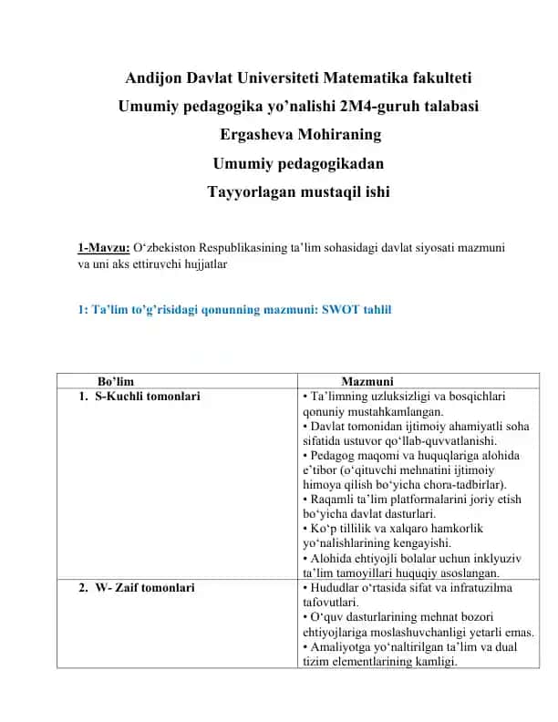 O‘zbekiston Respublikasining ta’lim sohasidagi davlat siyosati