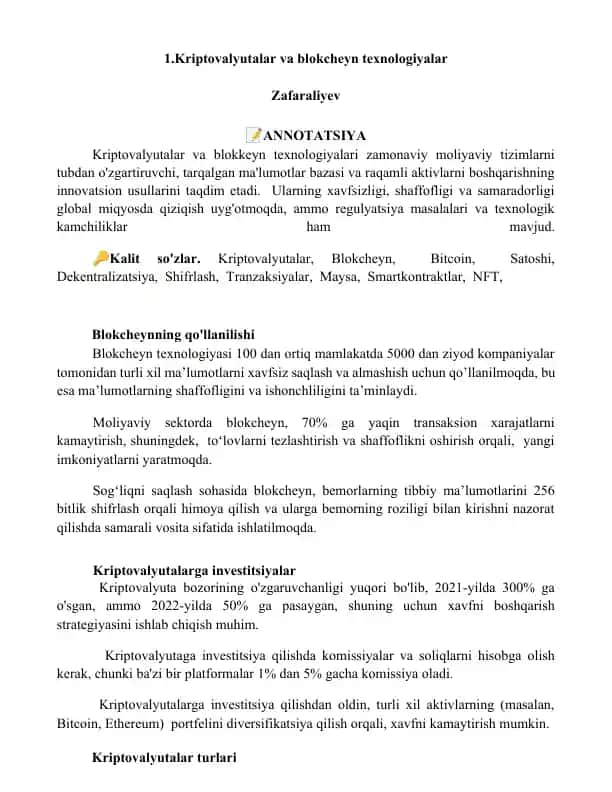 Kriptovalyutalar va blokcheyn texnologiyalar