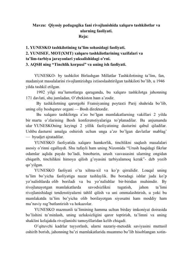 YUNESKO tashkilotining ta’lim sohasidagi faoliyati