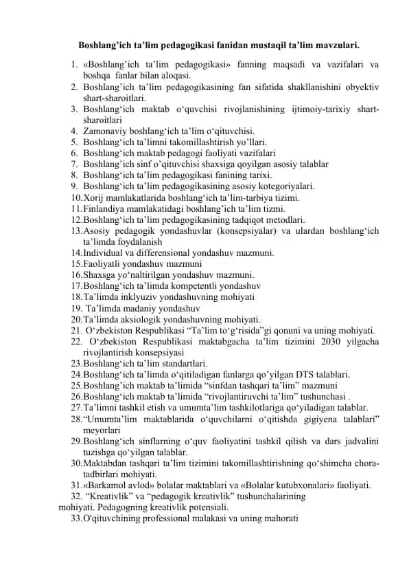 Boshlang’ich ta’lim pedagogikasi fanidan mustaqil ta’lim mavzulari
