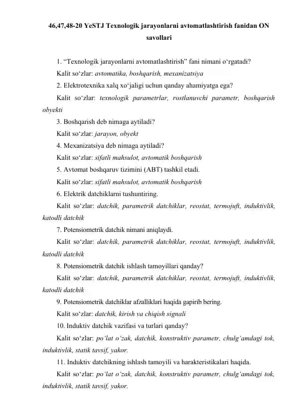 Texnologik jarayonlarni avtomatlashtirish fanidan ON savollari