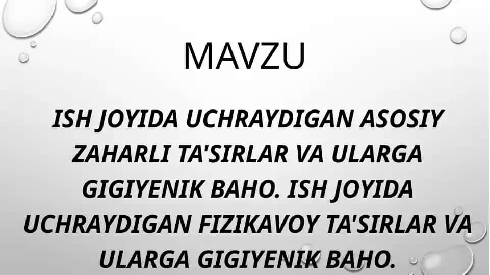 Ish joyida uchraydigan zaharli omillar va ularning tasnifi