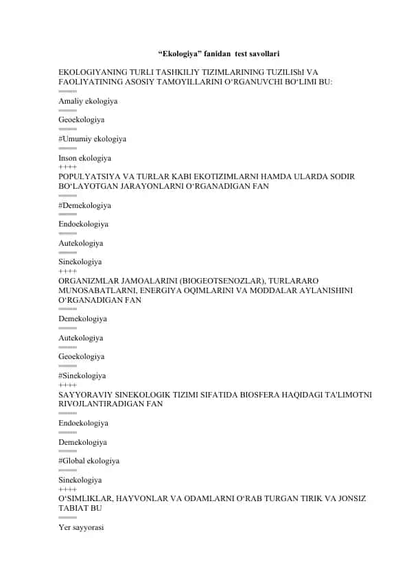 Ekologiya test savollari