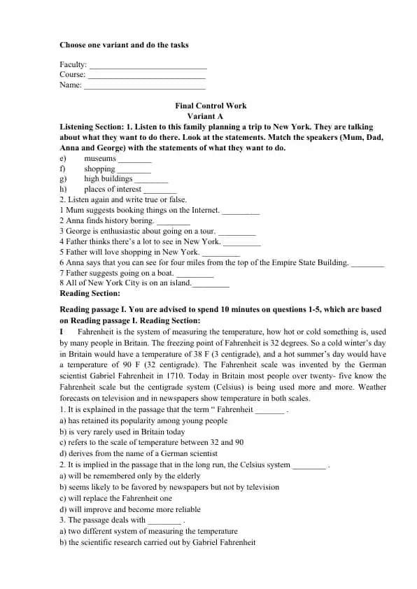 Final Control Work – Variant A