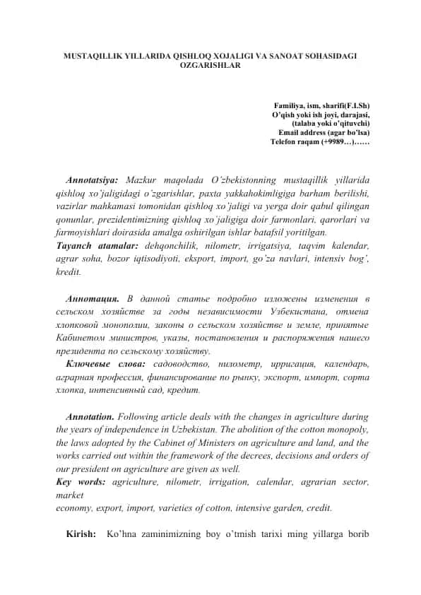 MUSTAQILLIK YILLARIDA QISHLOQ XOJALIGI VA SANOAT SOHASIDAGI OZGARISHLAR
