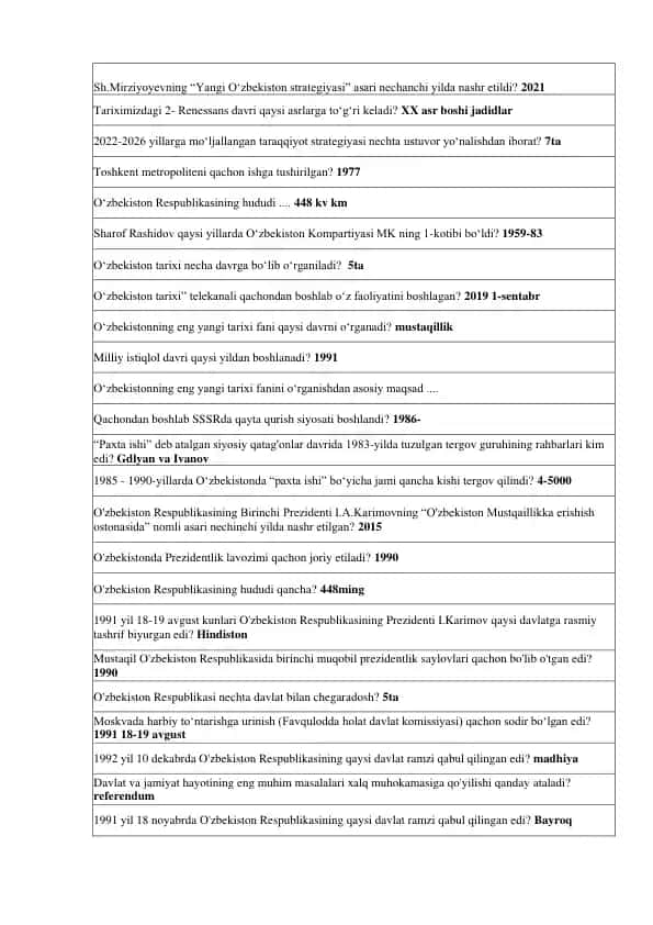 O'zbekistonning eng yangi tarixi fanidan test savollari