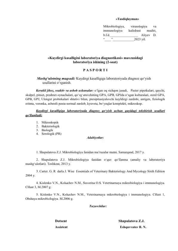 Laboratoriya ishi "Kuydirgi kasalligini laboratoriya diagnostikasi"
