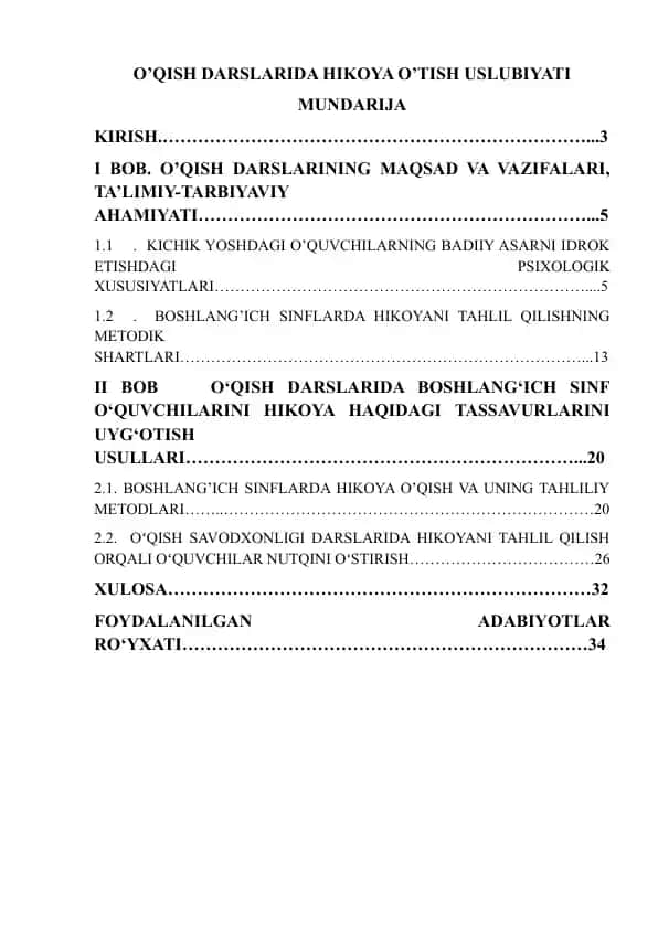 O’QISH DARSLARIDA HIKOYA O’TISH USLUBIYATI