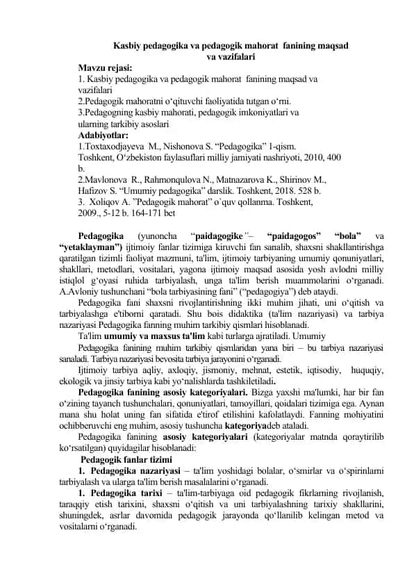 Kasbiy pedagogika va pedagogik mahorat