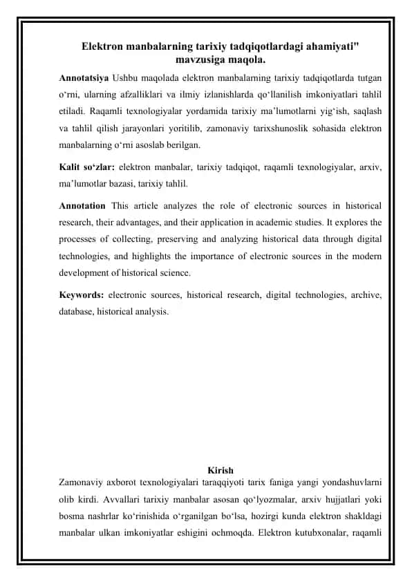 Elektron manbalarning tarixiy tadqiqotlardagi ahamiyati
