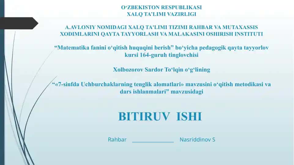 7-sinfda Uchburchaklarning Tenglikalomatlari