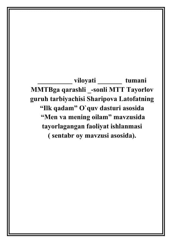 "Men va mening oilam" mavzusidagi faoliyat ishlanmasi